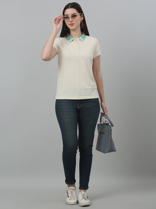 Women's Casual Regular Short Sleeve Beige Polo neck Contrast stitch detail on the sides T-Shirt