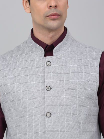 Men Grey Checkered Mandarin Collar Casual Waistcoat