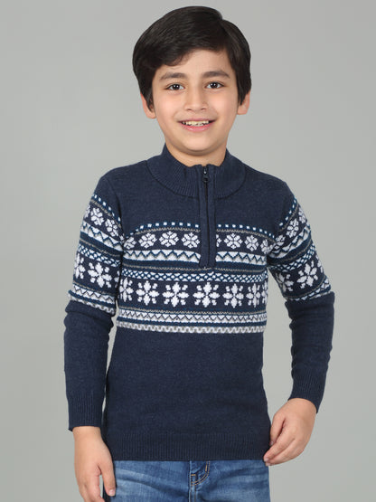 Boys Navy Blue Self Design Full Sleeves Casual Sweater