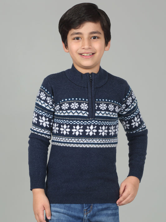 Boys Navy Blue Self Design Full Sleeves Casual Sweater