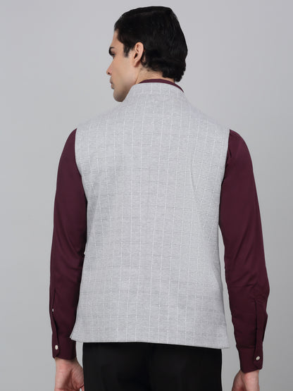 Men Grey Checkered Mandarin Collar Casual Waistcoat