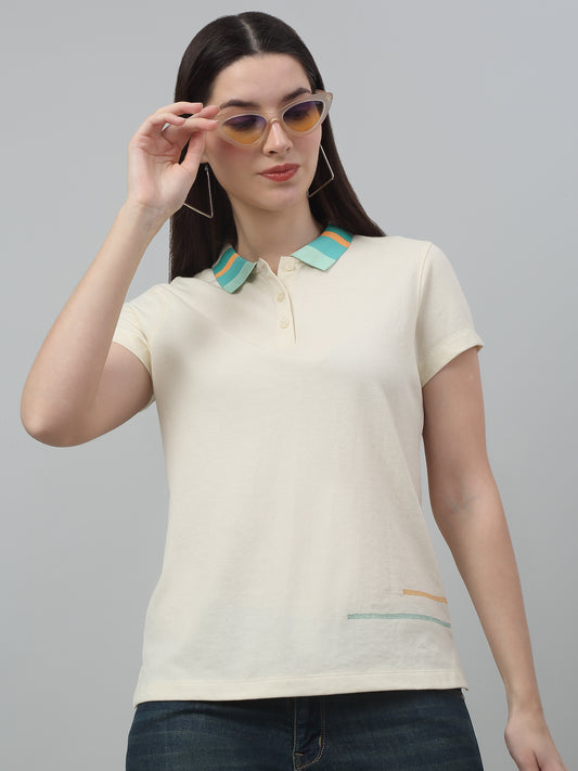 Women's Casual Regular Short Sleeve Beige Polo neck Contrast stitch detail on the sides T-Shirt