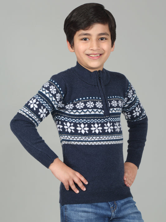 Boys Navy Blue Self Design Full Sleeves Casual Sweater