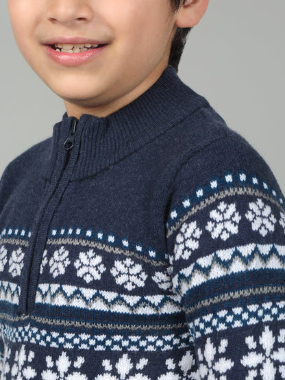 Boys Navy Blue Self Design Full Sleeves Casual Sweater