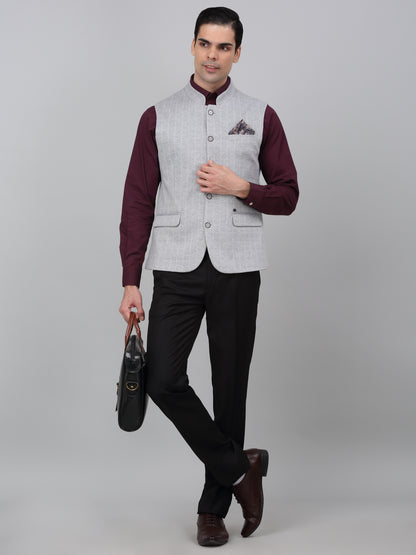 Men Grey Checkered Mandarin Collar Casual Waistcoat