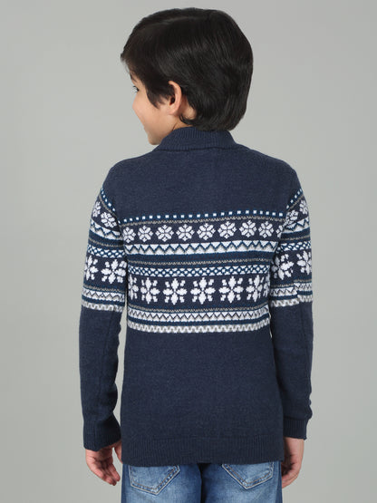 Boys Navy Blue Self Design Full Sleeves Casual Sweater