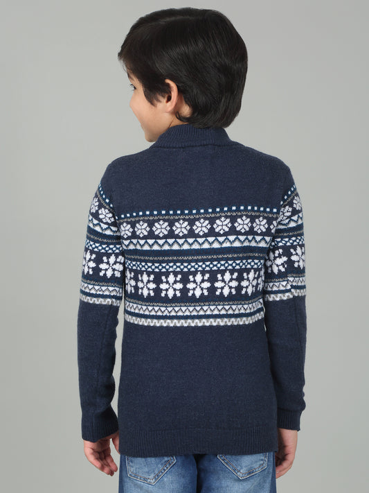 Boys Navy Blue Self Design Full Sleeves Casual Sweater