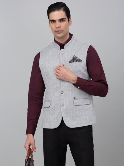 Men Grey Checkered Mandarin Collar Casual Waistcoat