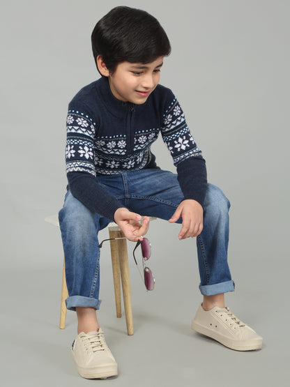 Boys Navy Blue Self Design Full Sleeves Casual Sweater