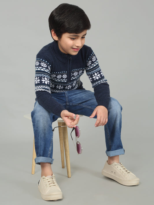 Boys Navy Blue Self Design Full Sleeves Casual Sweater