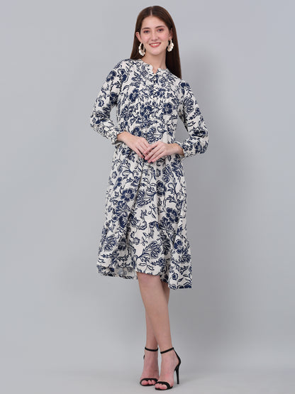 Women's Casual Mandarin collar Blue Floral Print Fit & Flared Dress