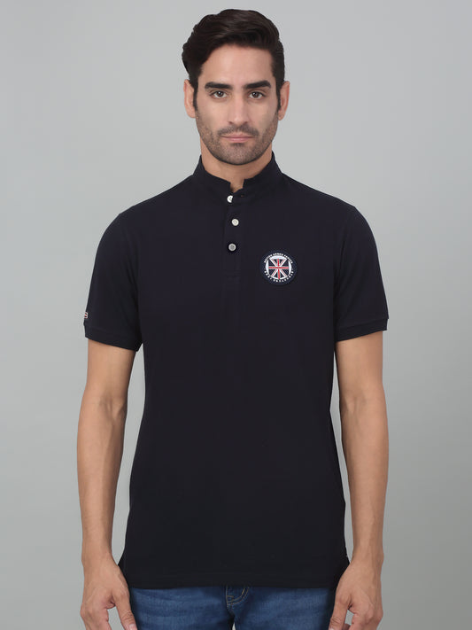 T-Shirt for Men | Breathable & Soft with Color Fastness Regular Fit Mandarin Collar Poly Cotton Fabric Solid Pattern