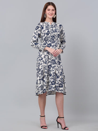 Women's Casual Mandarin collar Blue Floral Print Fit & Flared Dress