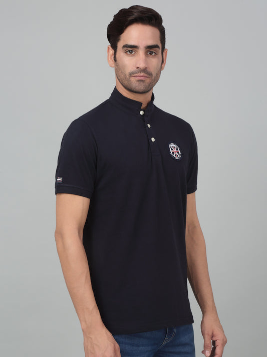 T-Shirt for Men | Breathable & Soft with Color Fastness Regular Fit Mandarin Collar Poly Cotton Fabric Solid Pattern