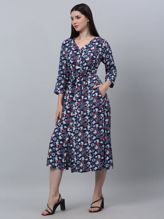 Women's Casual V neck Blue Floral Print Fit & Flared Dress