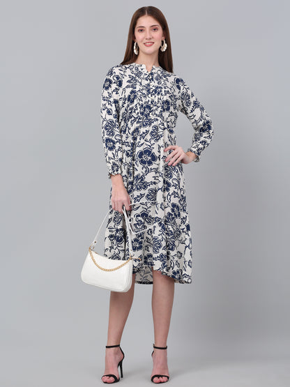 Women's Casual Mandarin collar Blue Floral Print Fit & Flared Dress