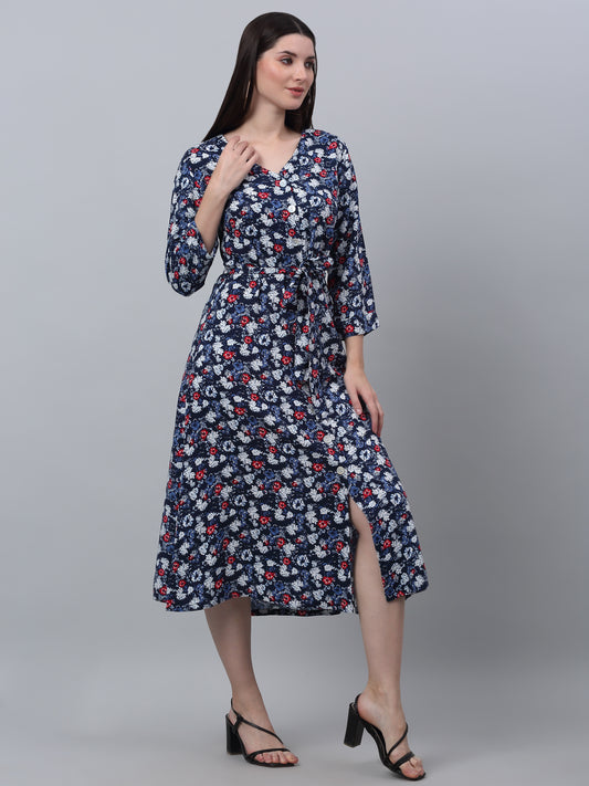 Women's Casual V neck Blue Floral Print Fit & Flared Dress