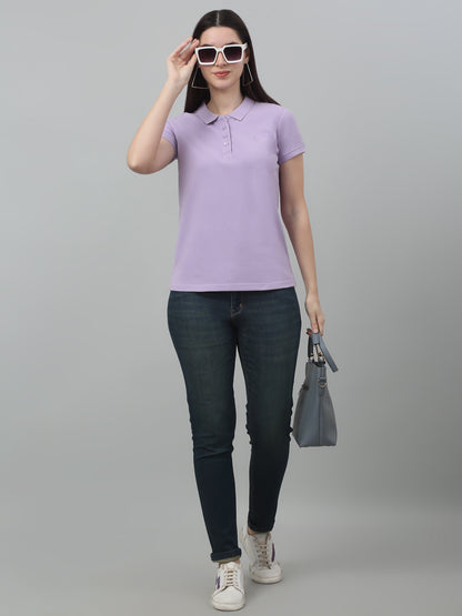 Women's Casual Regular Short Sleeve Lavender Polo neck  T-Shirt