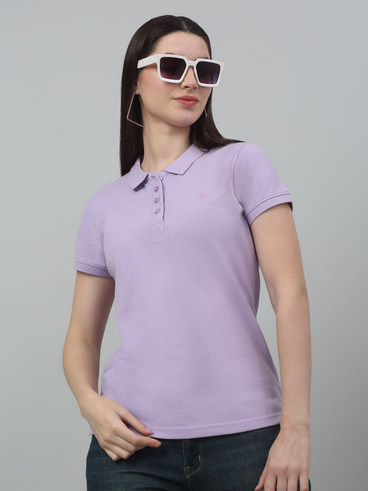 Women's Casual Regular Short Sleeve Lavender Polo neck  T-Shirt