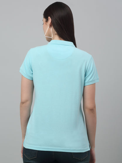 Women's Casual Regular Short Sleeve Aqua Polo neck  T-Shirt