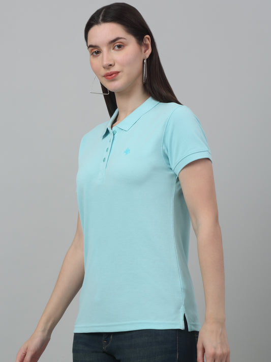 Women's Casual Regular Short Sleeve Aqua Polo neck  T-Shirt