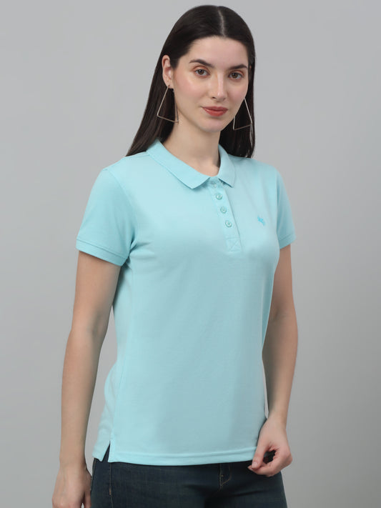 Women's Casual Regular Short Sleeve Aqua Polo neck  T-Shirt