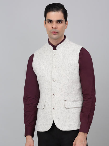 Men Cream Self Design Mandarin Collar Casual Waistcoat