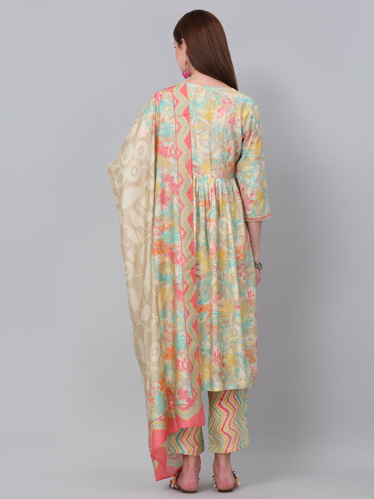 Women's Multi Floral Print Kurti Plazzo Dupatta Set
