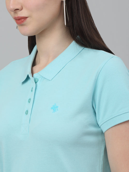 Women's Casual Regular Short Sleeve Aqua Polo neck  T-Shirt