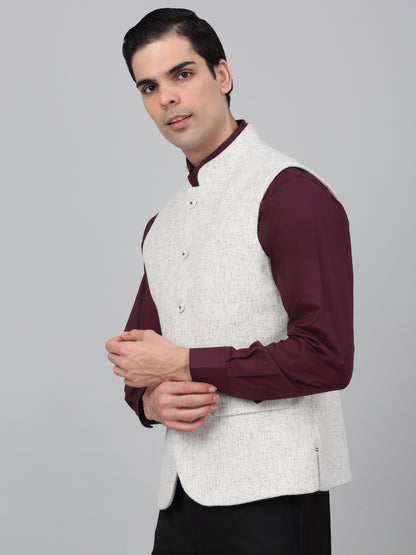 Men Cream Self Design Mandarin Collar Casual Waistcoat