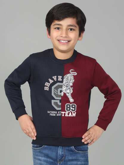 Boys Navy Blue Color Block Round Neck Full Sleeves Casual Sweatshirt