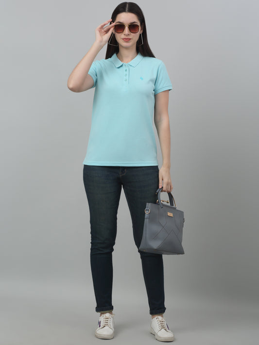 Women's Casual Regular Short Sleeve Aqua Polo neck  T-Shirt