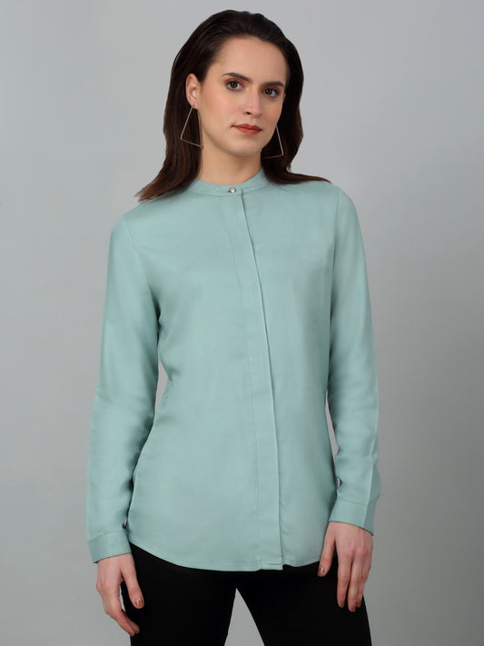 Women's Casual  Light Green Solid Mandarin Collar Tunic