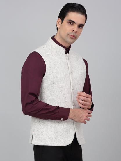 Men Cream Self Design Mandarin Collar Casual Waistcoat