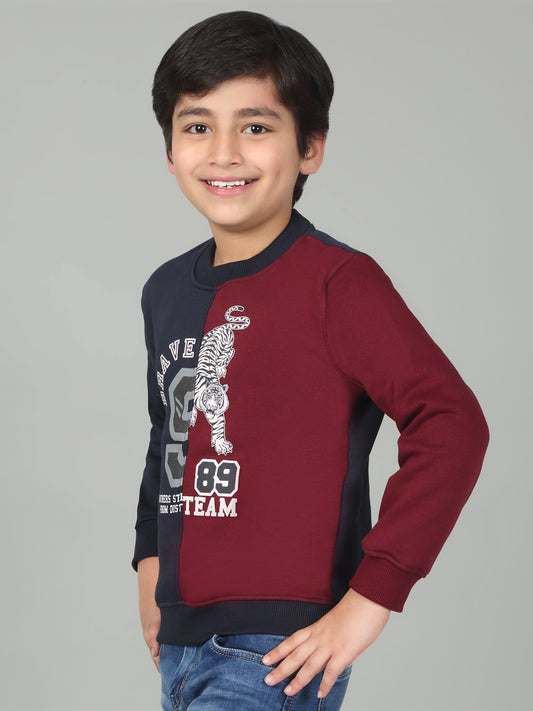 Boys Navy Blue Color Block Round Neck Full Sleeves Casual Sweatshirt
