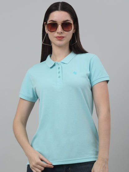 Women's Casual Regular Short Sleeve Aqua Polo neck  T-Shirt