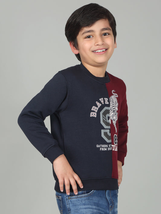 Boys Navy Blue Color Block Round Neck Full Sleeves Casual Sweatshirt