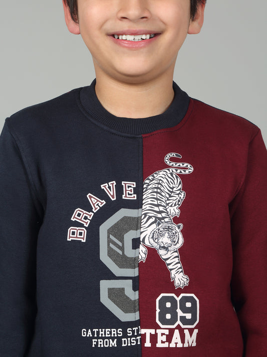 Boys Navy Blue Color Block Round Neck Full Sleeves Casual Sweatshirt