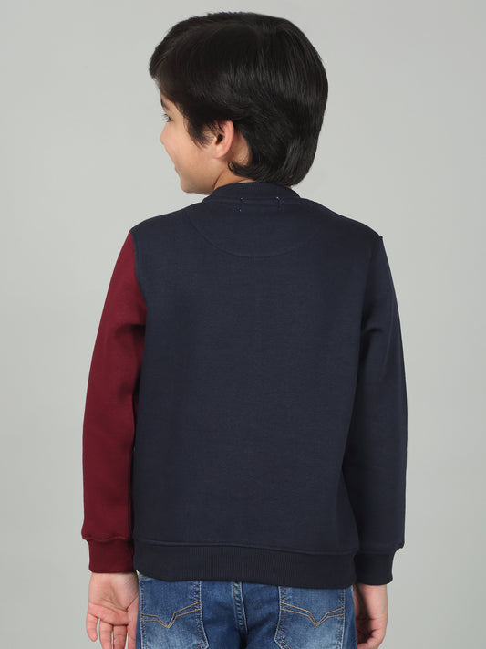 Boys Navy Blue Color Block Round Neck Full Sleeves Casual Sweatshirt