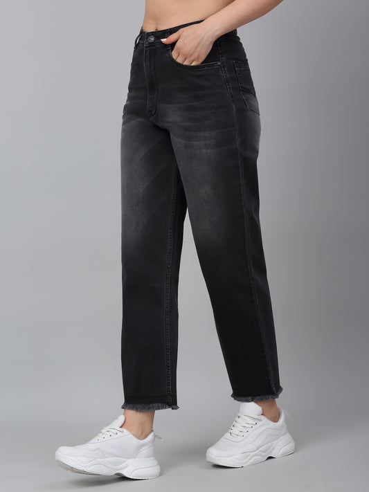 Women's Black Solid Wide Leg Stretchable Jeans