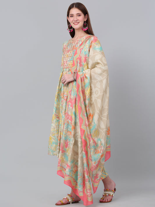 Women's Multi Floral Print Kurti Plazzo Dupatta Set