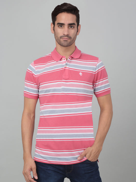T-Shirt for Men | Breathable & Soft with Color Fastness Regular Fit Polo Neck Poly Cotton Fabric Striped Pattern