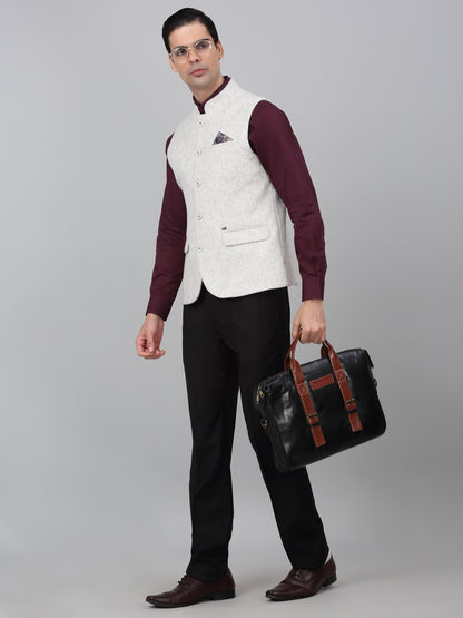 Men Cream Self Design Mandarin Collar Casual Waistcoat