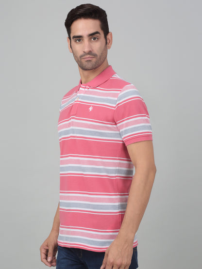 Men's Pink Stripe Polo neck Half Sleeve T-Shirt