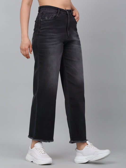 Women's Black Solid Wide Leg Stretchable Jeans