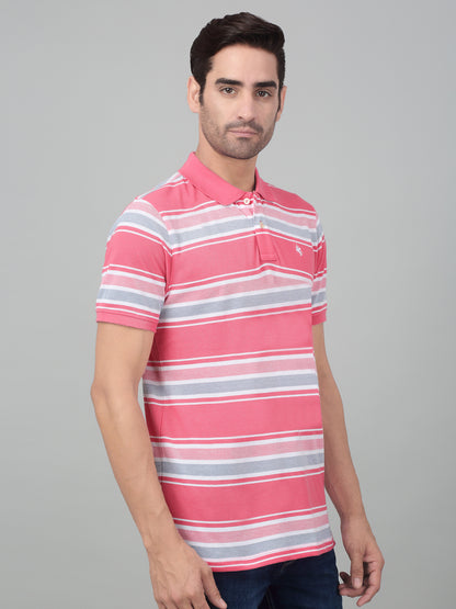 Men's Pink Stripe Polo neck Half Sleeve T-Shirt