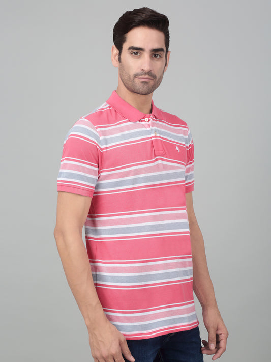 T-Shirt for Men | Breathable & Soft with Color Fastness Regular Fit Polo Neck Poly Cotton Fabric Striped Pattern