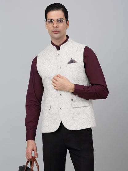 Men Cream Self Design Mandarin Collar Casual Waistcoat