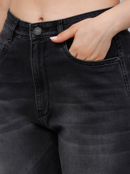 Women's Black Solid Wide Leg Stretchable Jeans