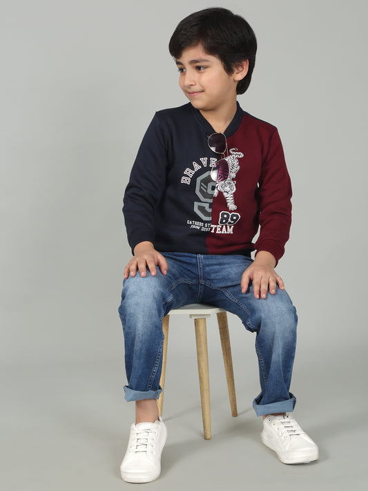 Boys Navy Blue Color Block Round Neck Full Sleeves Casual Sweatshirt